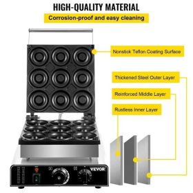 VEVOR Electric Donut Maker, 9 Holes Commercial Donut Machine, 2000W Electric Doughnut Machine, Double-Sided Heating Commercial Donut Maker
