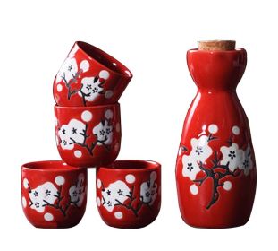 5 Pcs Ceramic Japanese Sake Set Traditional 1 Tokkuri Bottle & 4 Ochoko Cups [R] - ST-HOM3136596011-EMMA03302