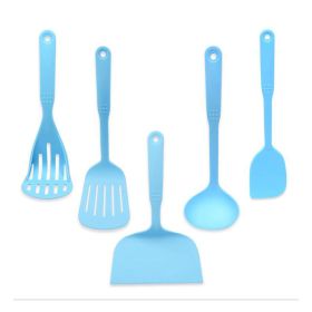 Cooking Utensil Set of 5 Non Stick & Heat Resistant Nylon Multipurpose Includes Slotted Turner Fish Spatulas Serving Spoon Spatulas and Musher - blue