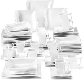 Porcelain Dinnerware Sets, Modern Square Dinner Set Plates and Bowls for Dessert, Salad and Pasta, Cup and Saucer Set (Color: Ivory White, Plate Size: 26 PieceServiceFor6)