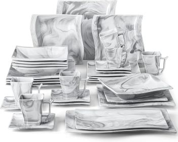 Porcelain Dinnerware Sets, Modern Square Dinner Set Plates and Bowls for Dessert, Salad and Pasta, Cup and Saucer Set (Color: Marble Grey, Plate Size: 56 PieceServiceFor12)