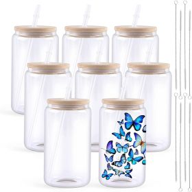HTVRONT 8/4 Pack 16OZ Clear/Frosted Glass Sublimation Tumblers with Bamboo Lid Sublimate Tumbler Blanks DIY for Iced Coffee Cups (Color: 8pcs clear, capacity: 16oz)