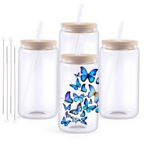 HTVRONT 8/4 Pack 16OZ Clear/Frosted Glass Sublimation Tumblers with Bamboo Lid Sublimate Tumbler Blanks DIY for Iced Coffee Cups (Color: 4pcs clear, capacity: 16oz)