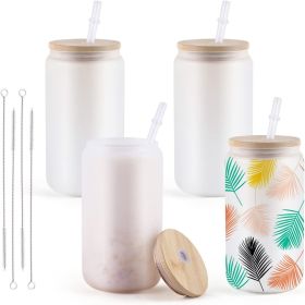 HTVRONT 8/4 Pack 16OZ Clear/Frosted Glass Sublimation Tumblers with Bamboo Lid Sublimate Tumbler Blanks DIY for Iced Coffee Cups (Color: 4pcs frosted, capacity: 16oz)