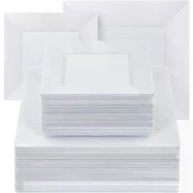 100 Pack Disposable Square Plastic Plates, 50pcs Dinner Plates 9.5" and 50pcs Dessert Plates 6.5", Fancy Disposable Plates (Color: White, Number of Pcs: 100PCS)