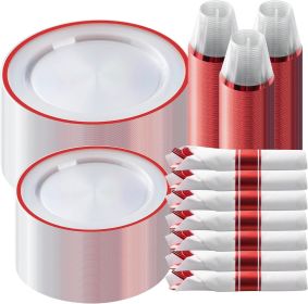 350 Piece Plastic Dinnerware Set for Party,Clear Disposable Plates for 50 Guests ,Include: Dinner Plastic Plates, Rolled Napkins (Color: Red, Plate Size: 350 Piece)