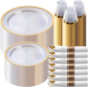 350 Piece Plastic Dinnerware Set for Party,Clear Disposable Plates for 50 Guests ,Include: Dinner Plastic Plates, Rolled Napkins (Color: Gold, Plate Size: 350 Piece)