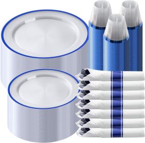 350 Piece Plastic Dinnerware Set for Party,Clear Disposable Plates for 50 Guests ,Include: Dinner Plastic Plates, Rolled Napkins (Color: Dark Blue, Plate Size: 350 Piece)